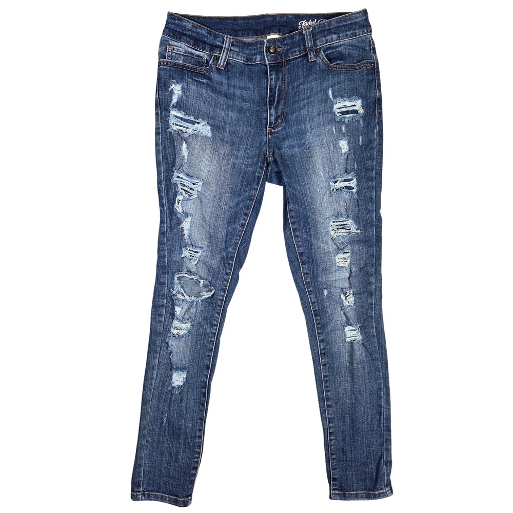 Faded Glory Womens Distressed Skinny Jeans Medium Wash Ripped Denim Size 8